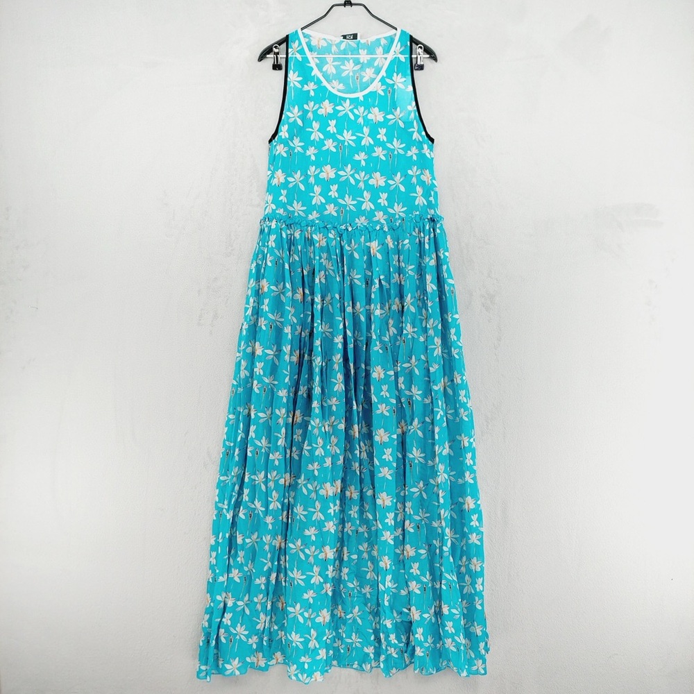 NEW Ice Iceberg Blue Floral Cotton Silk Sleeveless Pleated Maxi Dress P2710